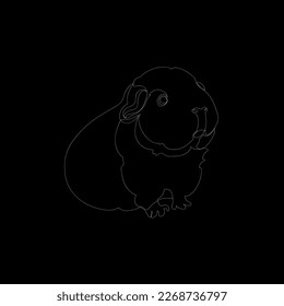 White outline guinea pig on black background. Graphic drawing. Vector illustration.