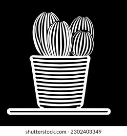 A White outline hand drawing vector illustration of a decorative cactus hedgehog plant in a pot isolated on a black background