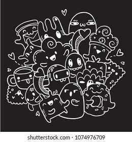 White outline hand drawn set of doodles on black background. Vector isolated contour of cartoon monsters.