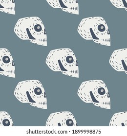 White outline hand drawn skull seamless pattern. Pale blue background. Spooky print. Stock illustration. Vector design for textile, fabric, giftwrap, wallpapers.