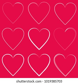 White outline Heart Icons Set, ideal for valentines day and wedding. Vector illustration isolated on Neon Red