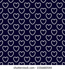 White Outline Heart Pattern Vector Navy Blue Background.