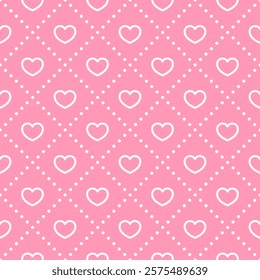 White outline hearts on pink dotted background. Vector seamless pattern. Best for textile, wallpapers, wrapping paper, package and St. Valentine's Day decoration.