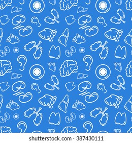 White outline human internal organs on blue, seamless pattern