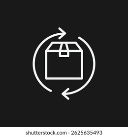 Icono de contorno blanco de una caja con flechas circulares sobre fondo negro Símbolo de retorno, intercambio y reciclaje de paquetes