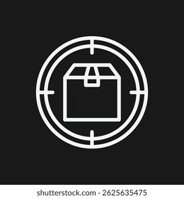 Icono de contorno blanco de una caja dentro de un alcance objetivo en el seguimiento del fondo negro, el enfoque y el símbolo de Locación de paquetes