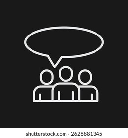White Outline Icon Group of People with Speech Bubble on Black Background, Discussion