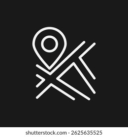 White Outline Icon of a Map Pin on Roads Location, Navigation, and Destination Symbol on Black Background