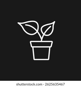 White Outline Icon Plant in a Pot on Black Background, Representing Growth, Gardening, and Indoor Plants
