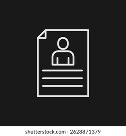 White Outline Icon Resume or CV on Black Background,  Modern Vector Illustration for User Interfaces, Resumes, Portfolios, and Branding