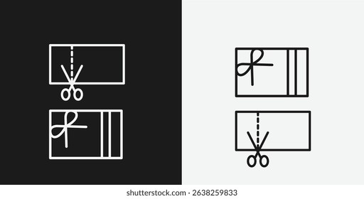 White Outline Icon Scissors Cutting a Coupon or Gift Card on Black and White Backgrounds