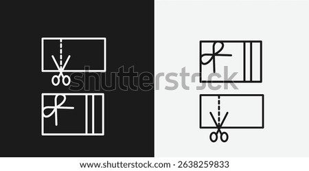 White Outline Icon Scissors Cutting a Coupon or Gift Card on Black and White Backgrounds