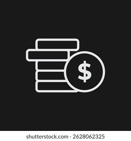 Pila de iconos de contorno blanco de monedas con símbolo de dólar sobre fondo negro, concepto de finanzas