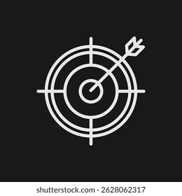 Blanco Icono de contorno objetivo con flecha en Bullseye sobre fondo negro