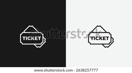 White Outline Icon Ticket with TICKET Text on Black and White Backgrounds, Representing Events or Entry