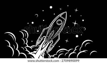 A white outline illustration of a rocket taking off, surrounded by smoke and stars against a dark background, symbolizing progress and exploration.