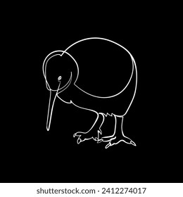 White outline kiwi bird on black background. Graphic drawing. Vector illustration.