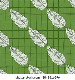White outline leaf silhouettes seamless creative pattern. Botanic ornament on green chequered background. Designed for fabric design, textile print, wrapping, cover. Vector illustration.