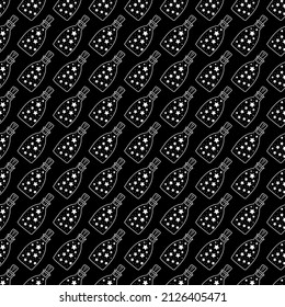 White outline magic bottle seamless pattern on black background. Vector mystical art with boho symbols.