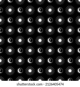 White outline magic moon and sun seamless pattern on black background. Vector mystical art with boho symbols.