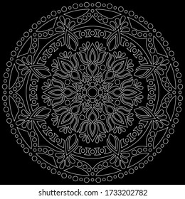 White outline mandala on a black doodles sketch good mood
