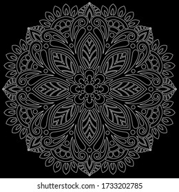 White outline mandala on a black doodles sketch good mood