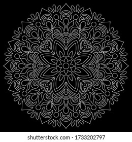White outline mandala on a black doodles sketch good mood