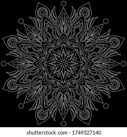 White outline mandala on a black doodles sketch good mood