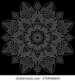 White outline mandala on a black doodles sketch good mood