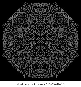 White outline mandala on a black doodles sketch good mood