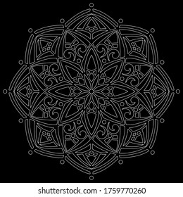 White outline mandala on a black doodles sketch good mood