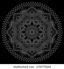 White outline mandala on a black doodles sketch good mood