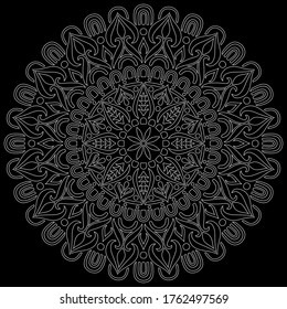 White outline mandala on a black doodles sketch good mood