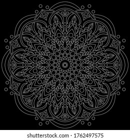 White outline mandala on a black doodles sketch good mood