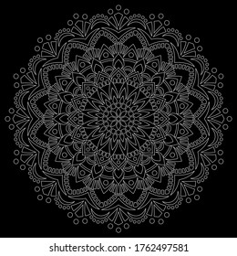 White outline mandala on a black doodles sketch good mood