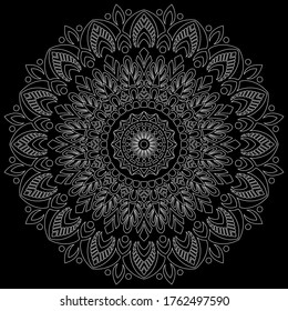 White outline mandala on a black doodles sketch good mood