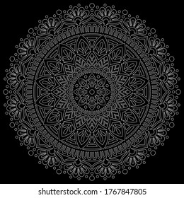 White outline mandala on a black doodles sketch good mood