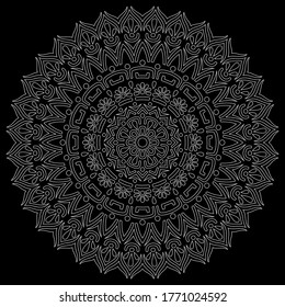 White outline mandala on a black doodles sketch good mood