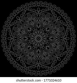 White outline mandala on a black doodles sketch good mood