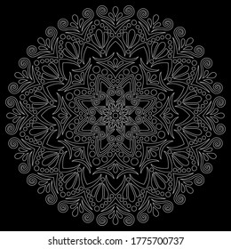 White outline mandala on a black doodles sketch good mood