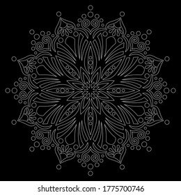White outline mandala on a black doodles sketch good mood
