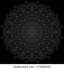White outline mandala on a black doodles sketch good mood