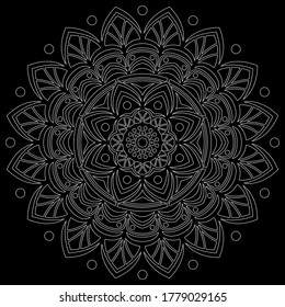 White outline mandala on a black doodles sketch good mood