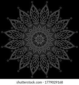 White outline mandala on a black doodles sketch good mood