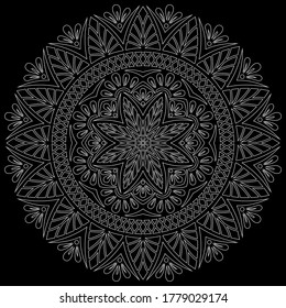 White outline mandala on a black doodles sketch good mood