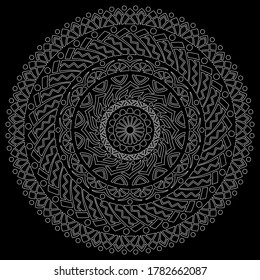 White outline mandala on a black doodles sketch good mood