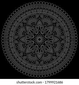 White outline mandala on a black doodles sketch good mood