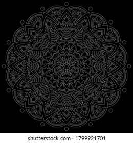 White outline mandala on a black doodles sketch good mood