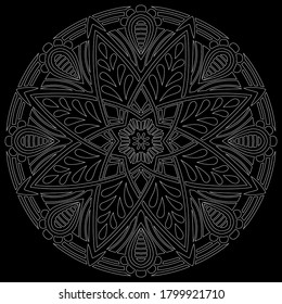 White outline mandala on a black doodles sketch good mood