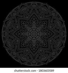 White outline mandala on a black doodles sketch good mood